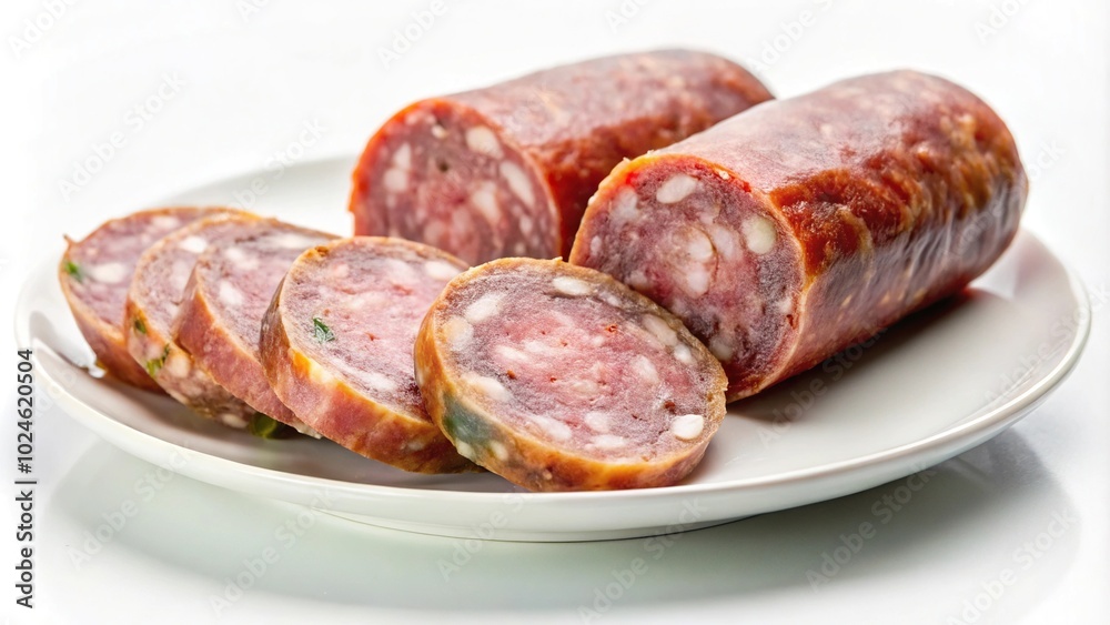 Slicing sausage with mold on a white plate on a white background Slicing sausage with mold on a white plate on a white background
