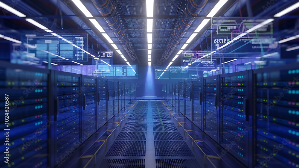 high-tech data warehouse, featuring rows of modern servers with blinking lights in a vast, secure facility, data center, big data high-tech data warehouse, featuring rows of modern servers with blinking lights in a vast, secure facility, data center, big data