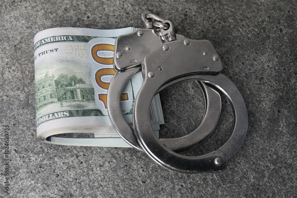 Corruption concept. Handcuffs and dollar banknotes on grey table, closeup Corruption concept. Handcuffs and dollar banknotes on grey table, closeup