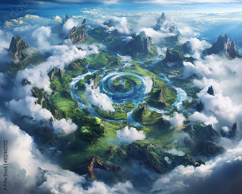 Birds-eye view of an isekai world, swirling clouds above vibrant landscapes, macro photography details photo