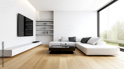 White and grey toned living room with minimalist shelving, wooden flooring, and a sleek coffee table in a spacious layout  photo