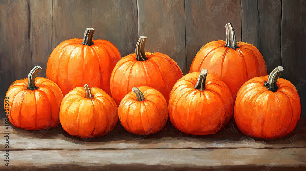 Obraz premium Charming Display of Pumpkins Set Against a Wooden Backdrop