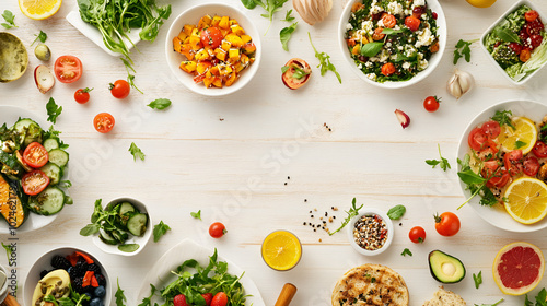 Cooking assorted vegetable salads on white wood top view, Fresh organic snack for vegetarian party food table, copy space,Healthy lunch food frame on white wood background