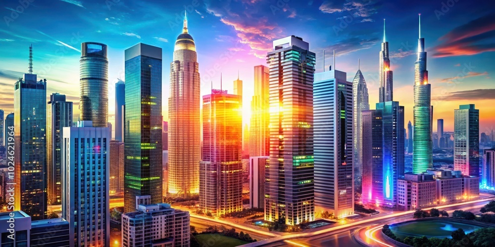 A vibrant cityscape at dusk, with towering skyscrapers illuminated by the setting sun and city lights, creating a captivating urban panorama.