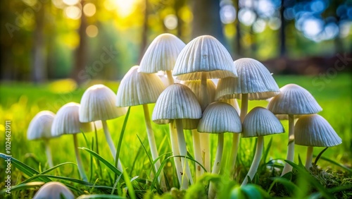 White Podaxi Pistillaris Mushrooms Emerging in Lush Green Grass - Nature's New Season Delight photo