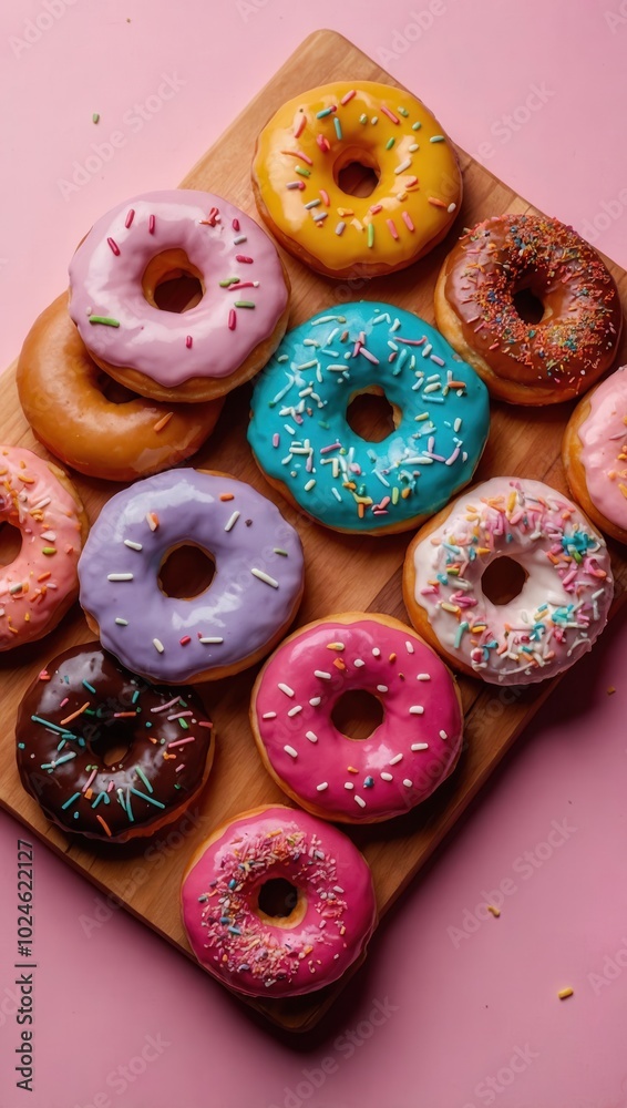 Close-up of colorful donuts arranged in triangle shape on wooden tray, pink background Close-up of colorful donuts arranged in triangle shape on wooden tray, pink background