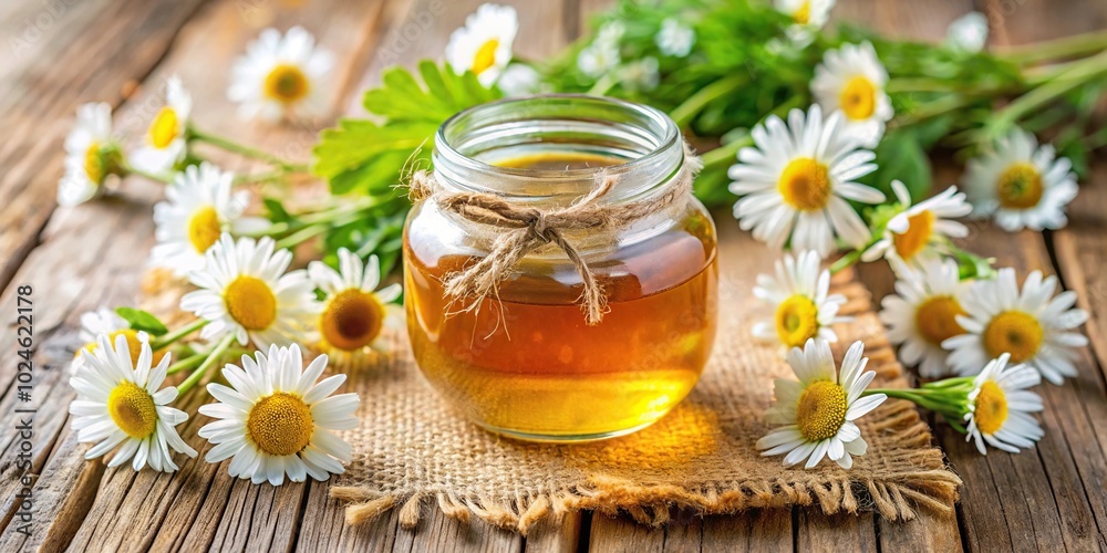 Small jar of honey with chamomile flowers Small jar of honey with chamomile flowers