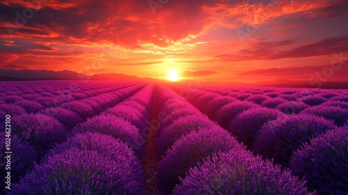 A breathtaking sunset over a field of lavender in full bloom, creating a vibrant and romantic scene. The setting sun casts a warm glow over the rows of purple flowers, 