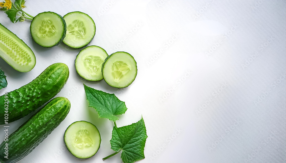 Green cucumber with slices and green leaves, either whole or halved, isolated on a white background Green cucumber with slices and green leaves, either whole or halved, isolated on a white background