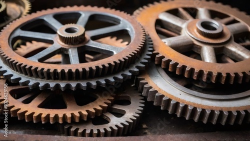 Close-up of Industrial Metal Gears: A detailed view of rusted interlocking metal gears, showcasing the intricate mechanics and weathered texture, perfect for illustrating concepts of engineering, mach