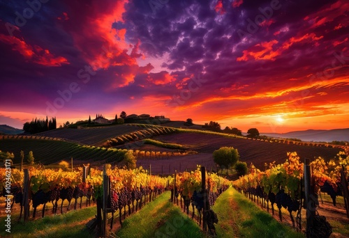 stunning sunset over vineyard showcasing silhouettes wine barrels vibrant colorful sky, grape, landscape, wineyardview, wineries, vines, scenery, horizon