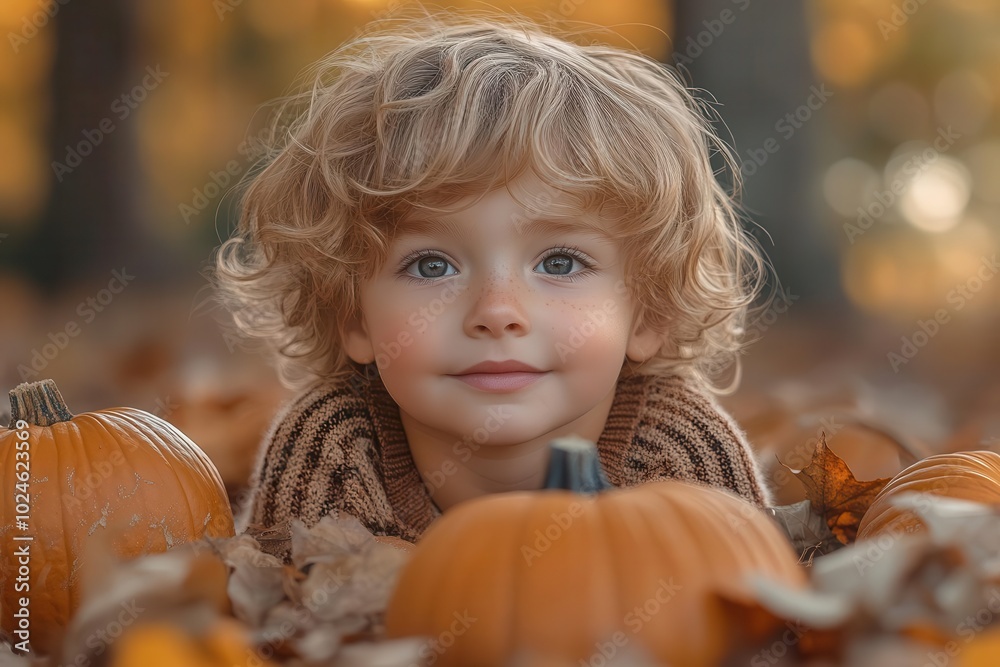 whimsical child in striped sweater surrounded by quirky misshapen pumpkins golden autumn light leafstrewn ground playful atmosphere