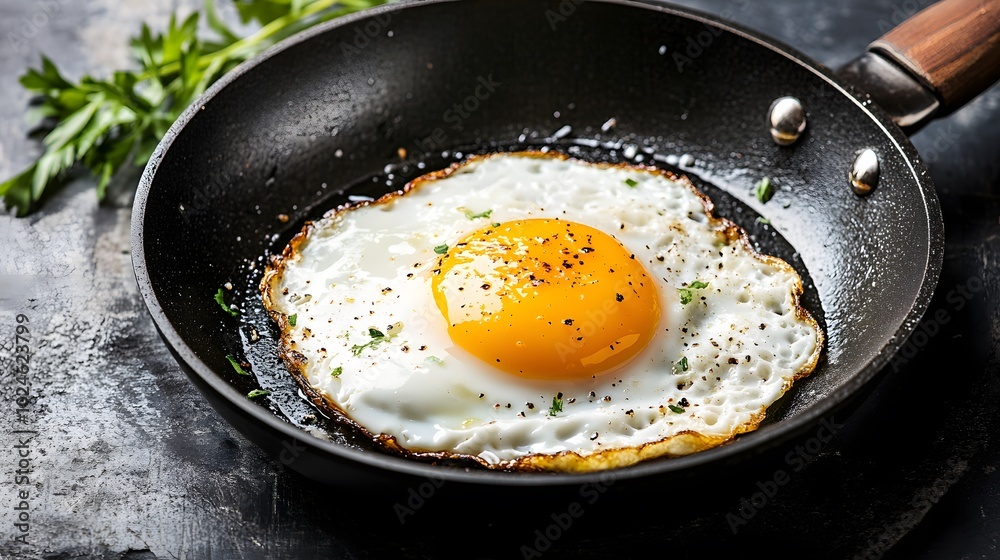 A frying pan with a sunny-side-up egg cooking, the yolk perfectly golden and runny A frying pan with a sunny-side-up egg cooking, the yolk perfectly golden and runny