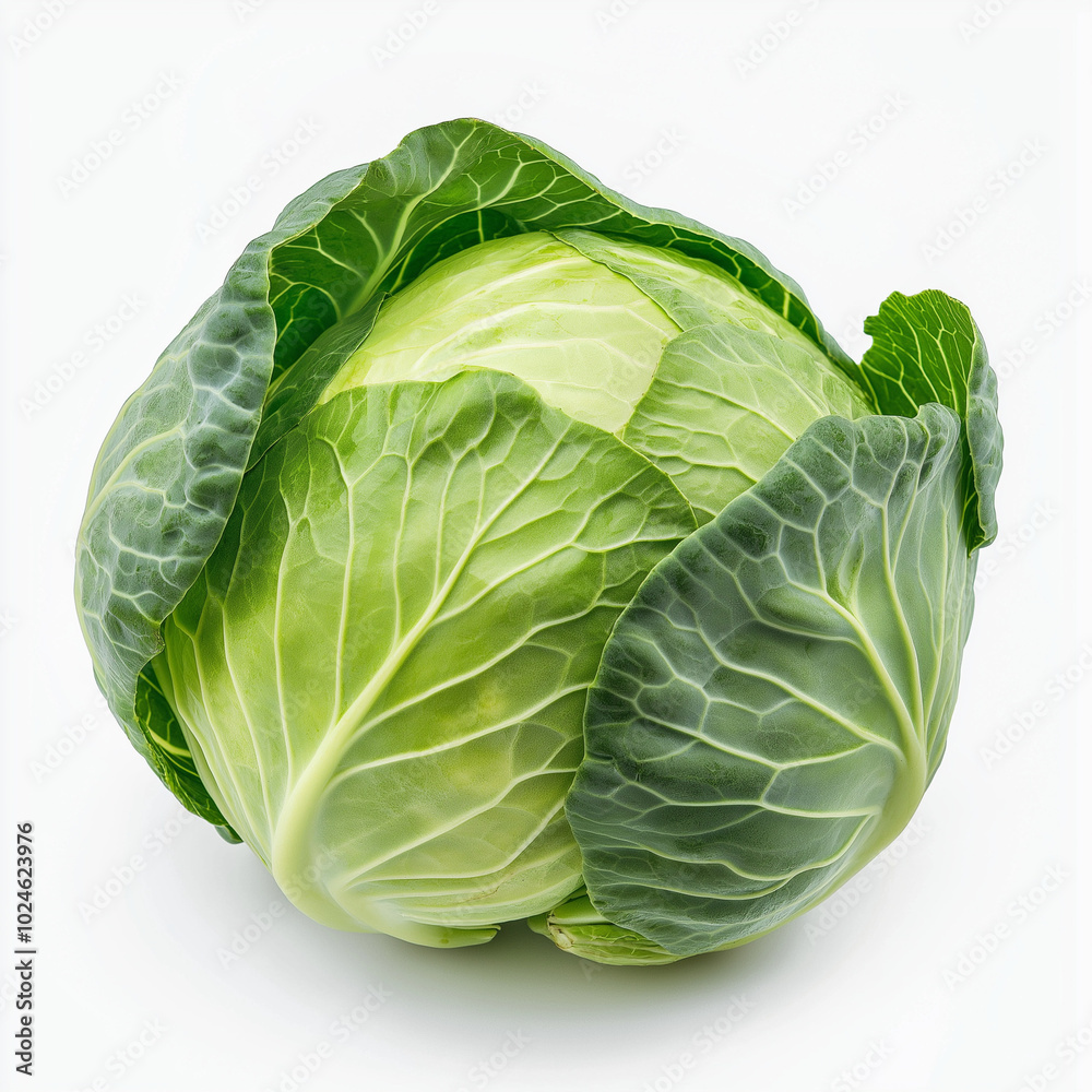 Fototapeta premium Juicy fresh single cabbage on a white background.
