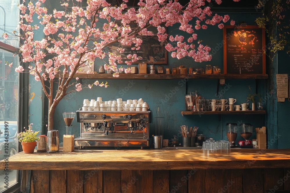 A charming coffee shop with a cherry blossom tree A charming coffee shop with a cherry blossom tree