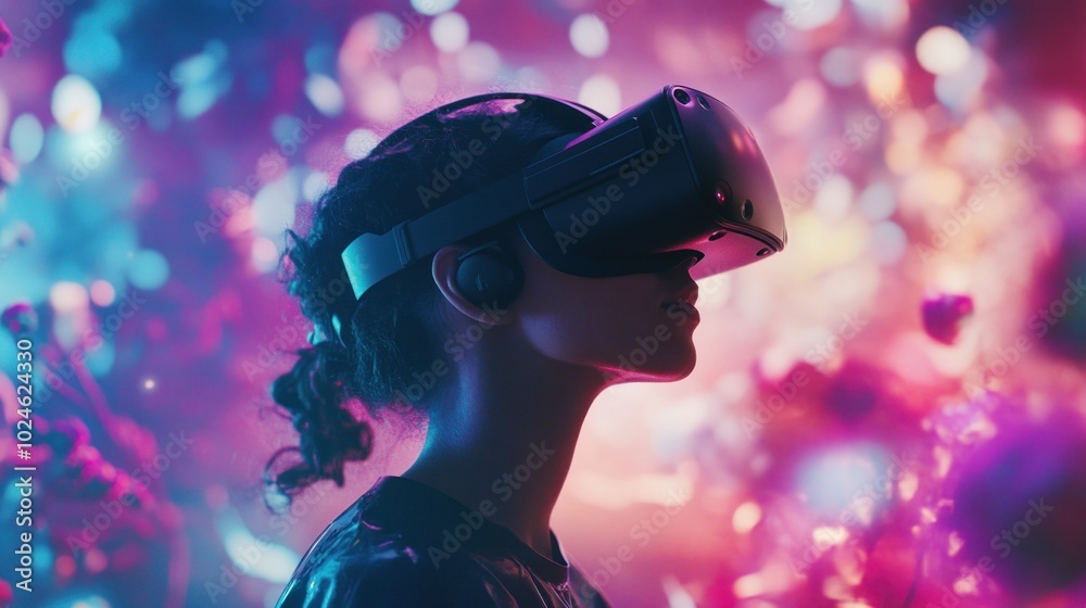 A person wearing a VR headset, immersed in a colorful digital environment. A person wearing a VR headset, immersed in a colorful digital environment.