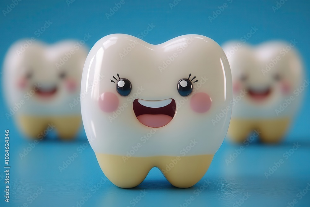 whimsical dental hygiene concept anthropomorphic smiling tooth characters cheerful expressions vibrant blue background playful healthcare visual