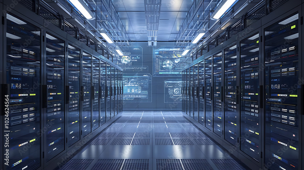 high-tech data warehouse, featuring rows of modern servers with blinking lights in a vast, secure facility, data center, big data high-tech data warehouse, featuring rows of modern servers with blinking lights in a vast, secure facility, data center, big data