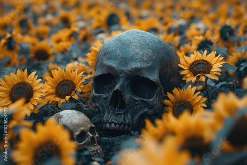 A Human Skull Surrounded by a Field of Sunflowers