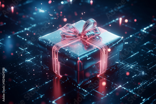 Futuristic Christmas Gift with Neon Ribbons and Digital Particles