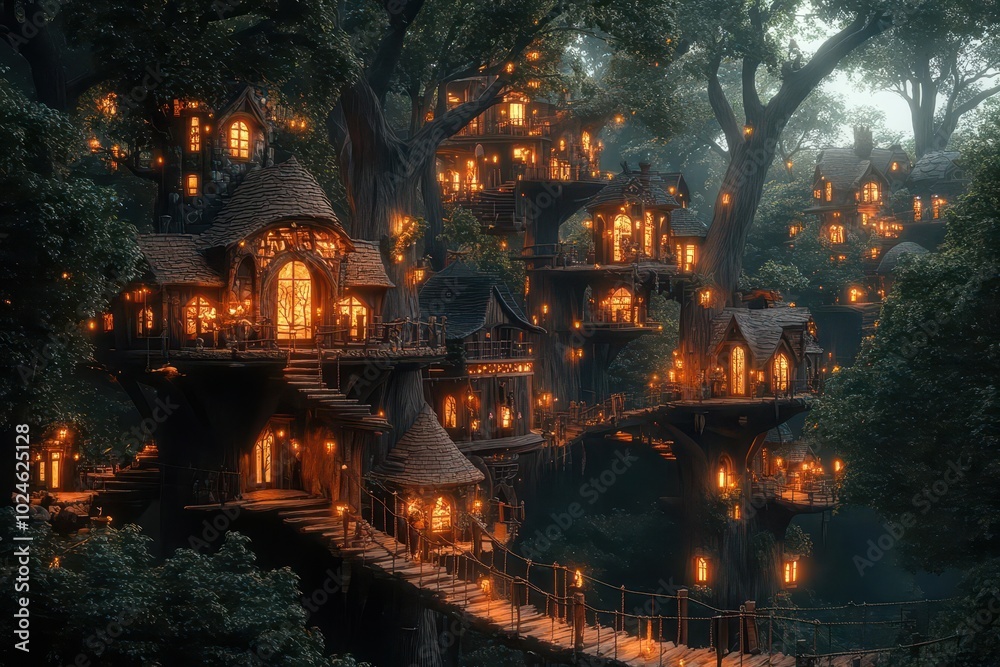 Obraz premium whimsical fantasy village treehouses connected by rope bridges magical glowing flora bustling marketplace below