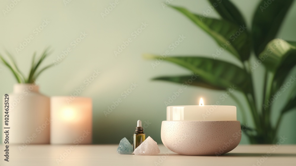 Minimalist Aromatherapy Setup with Lit Candle, Essential Oils, and Healing Crystals for a Calm, Relaxing Environment Minimalist Aromatherapy Setup with Lit Candle, Essential Oils, and Healing Crystals for a Calm, Relaxing Environment