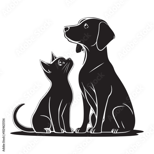 Dog and Cat silhouette. Friendship between pets, love for pets and caring for them