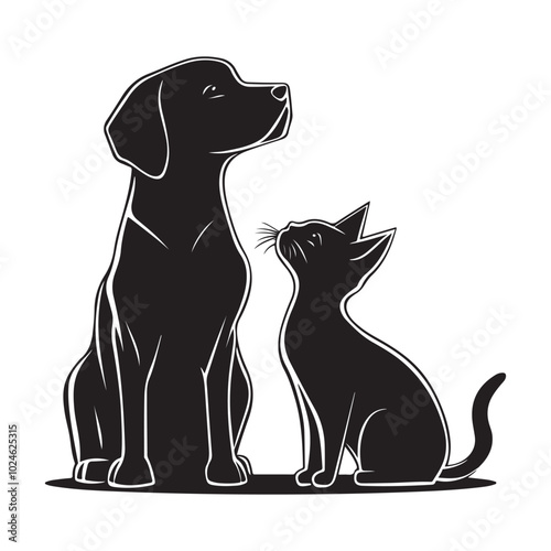 Dog and Cat silhouette. Friendship between pets, love for pets and caring for them