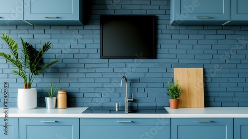 Blackboard mockup hanging on kitchen wall. Home interior with information board template advertising image. Food cooking place with chalkboard mock up product photorealistic