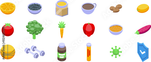 Boost immune icons set. Person staying healthy with sports, healthy food and vitamins isometric icons