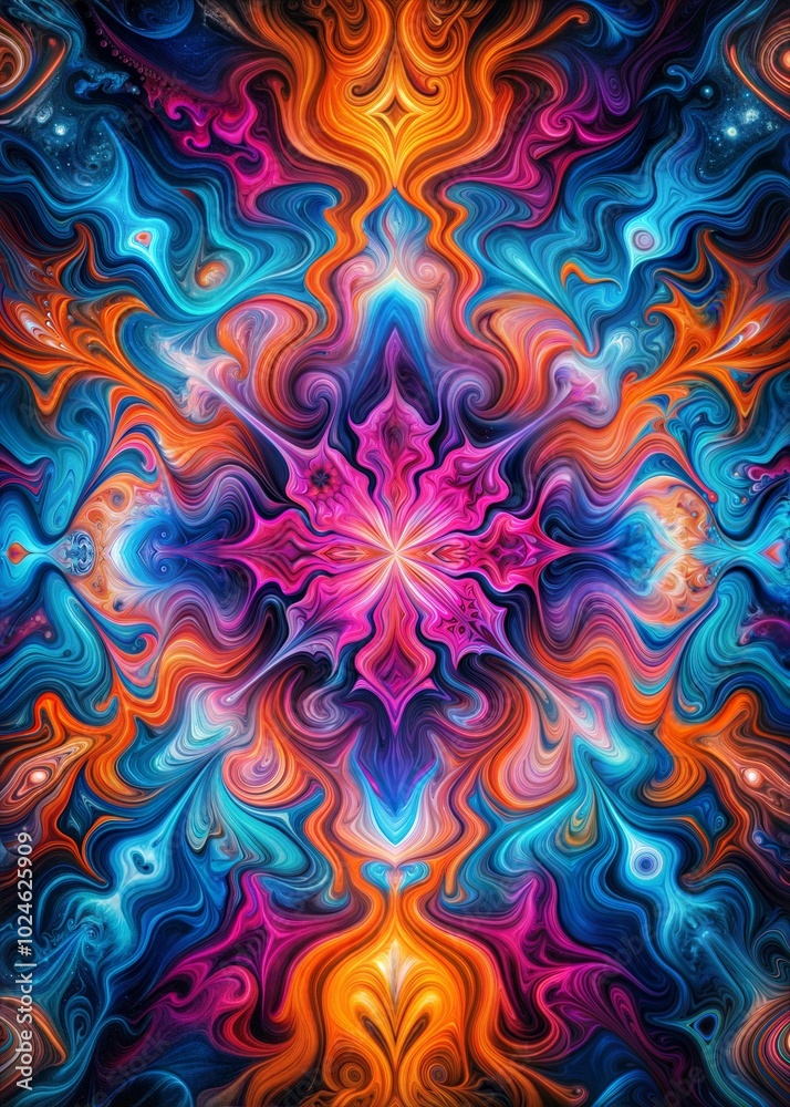 Vivid abstract design with swirling colors in vibrant hues of blue, pink, and orange creating an energetic pattern