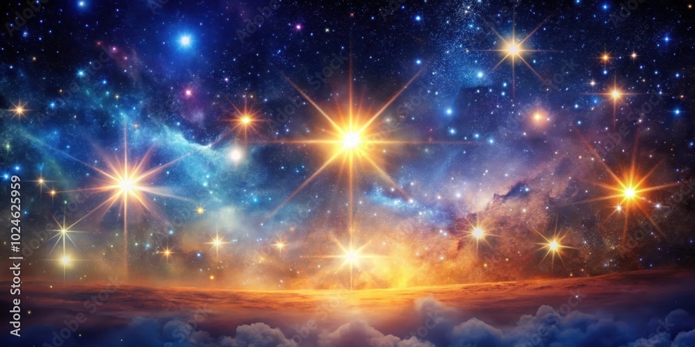 Fototapeta premium A celestial panorama with a myriad of twinkling stars, shining bright against a backdrop of swirling nebulae, culminating in a glorious horizon of ethereal clouds.