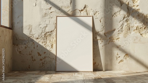 Minimalistic frame mockup against rustic textured wall with sunbeams shadows. Natural light poster photoframe template advertising image. Sunlit room pictureframe mock up photorealistic