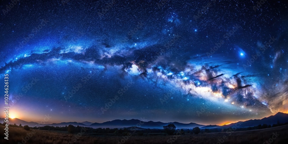 A celestial tapestry of stars and the Milky Way galaxy above a tranquil mountain range, a breathtaking vista of nature's grandeur.