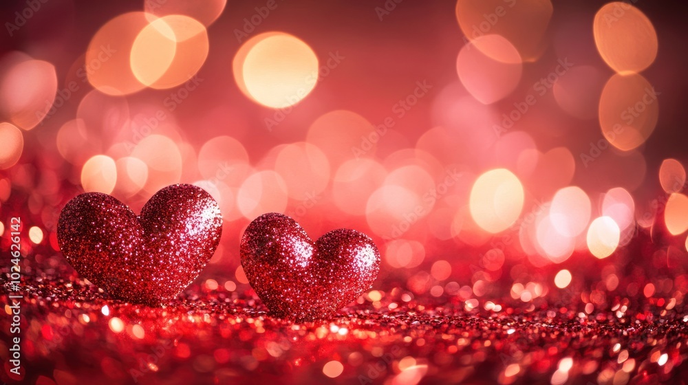 Two red glitter hearts on a red sparkle background with blurred lights.