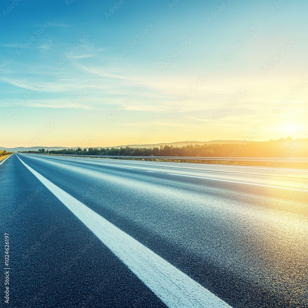 Empty Asphalt Highway Through Countryside At Sunset. Road Trip, Travel, Transportation Background. Empty Asphalt Highway Through Countryside At Sunset. Road Trip, Travel, Transportation Background.