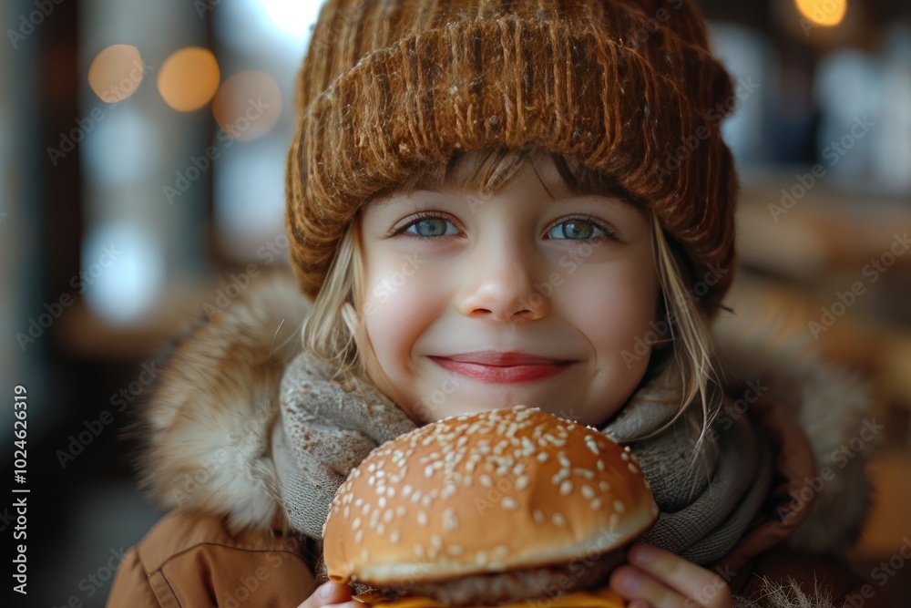 Naklejka premium Happy little boy eating hamburger at fast-food cafe, concept of joyful dining experience, fast food industry, childhood enjoyment, looking at camera and smiling