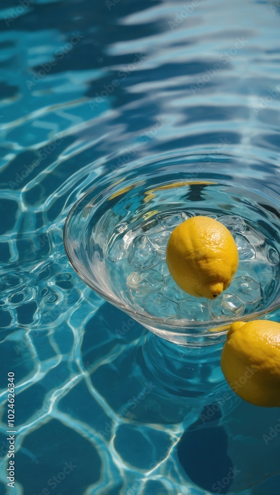 Three lemons floating in pool water with calm blue background, tranquil setting Three lemons floating in pool water with calm blue background, tranquil setting