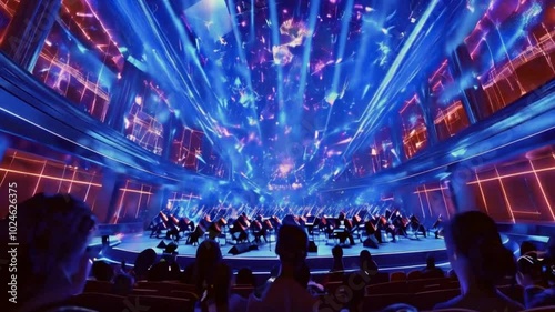 A vibrant orchestral performance with dramatic lighting and an enthusiastic audience.