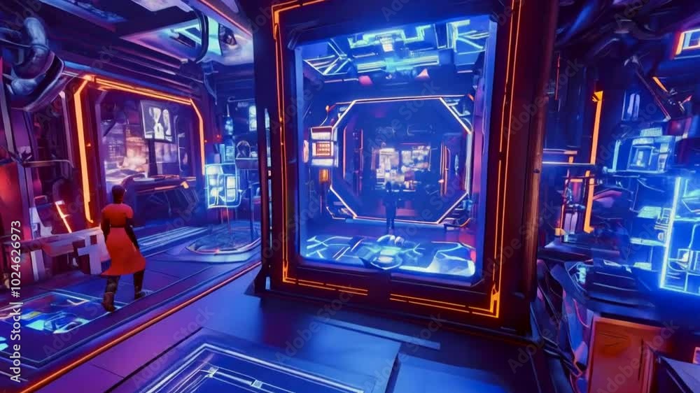 A futuristic interior with glowing blue and orange lights, resembling a sci-fi environment. A futuristic interior with glowing blue and orange lights, resembling a sci-fi environment.
