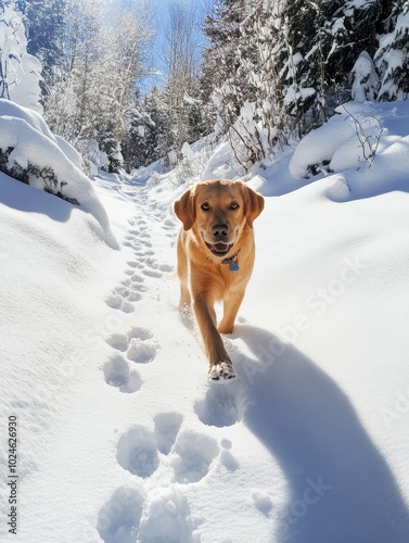 A happy labrador retriever joyfully running through fresh snow in a winter forest trail during a bright sunny day