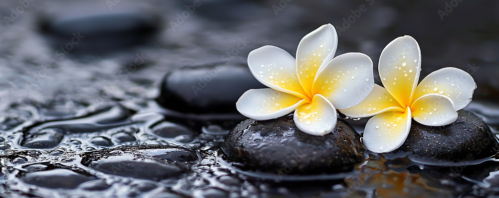 A serene image of two white and yellow frangipani flowers resting on smooth black stones A serene image of two white and yellow frangipani flowers resting on smooth black stones