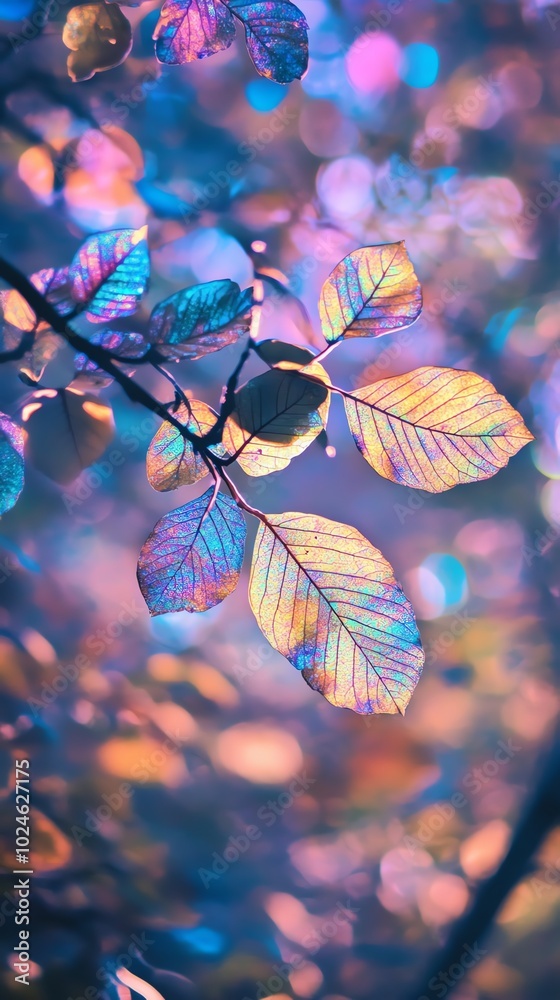 Tilted angle view of a vibrant aurora above a mystical forest, detailed macro photography of enchanted leaves Tilted angle view of a vibrant aurora above a mystical forest, detailed macro photography of enchanted leaves