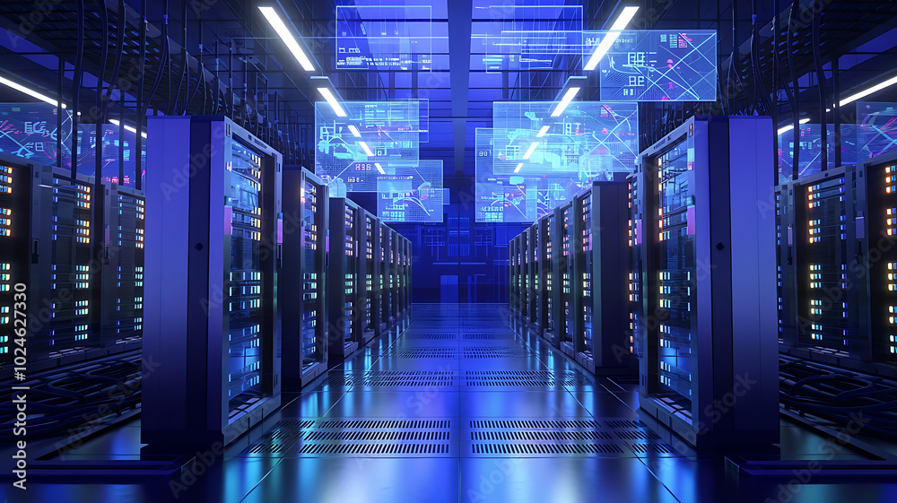 high-tech data warehouse, featuring rows of modern servers with blinking lights in a vast, secure facility, data center, big data high-tech data warehouse, featuring rows of modern servers with blinking lights in a vast, secure facility, data center, big data
