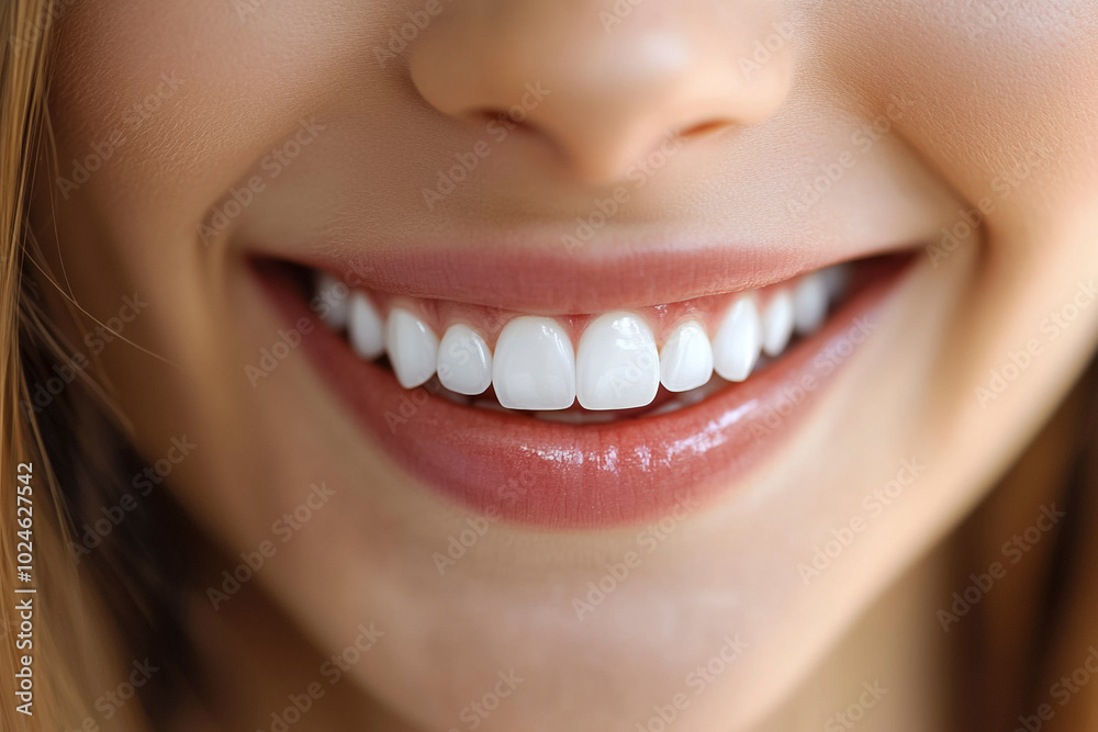 Close-up of a woman's smile showing white teeth and glossy lips Close-up of a woman's smile showing white teeth and glossy lips