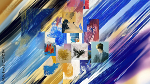 A vibrant collage of abstract paintings and a portrait, showcasing a variety of brushstrokes, colors, and textures.