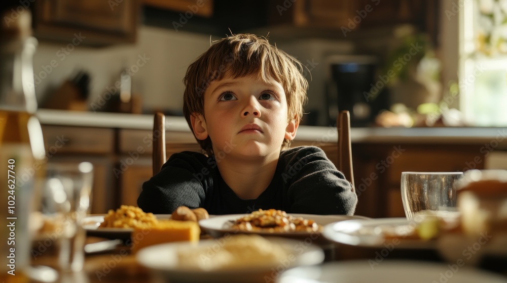 A contemplative boy sits at a dining table filled with various dishes, lost in thought. A contemplative boy sits at a dining table filled with various dishes, lost in thought.