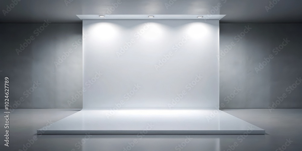 A simple, modern minimalist studio with a blank white wall and a reflective platform lit by three overhead lights. A simple, modern minimalist studio with a blank white wall and a reflective platform lit by three overhead lights.