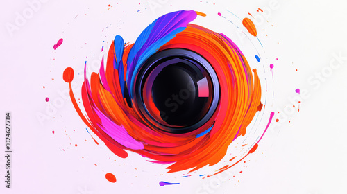 abstract, colorful swirl surrounding a central black circular object.
