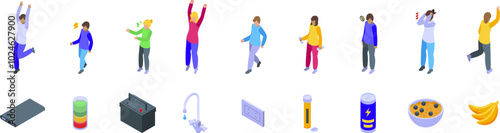 Recharge human icons set. People demonstrating their energy levels, from very energetic to completely exhausted, and different ways to restore energy level